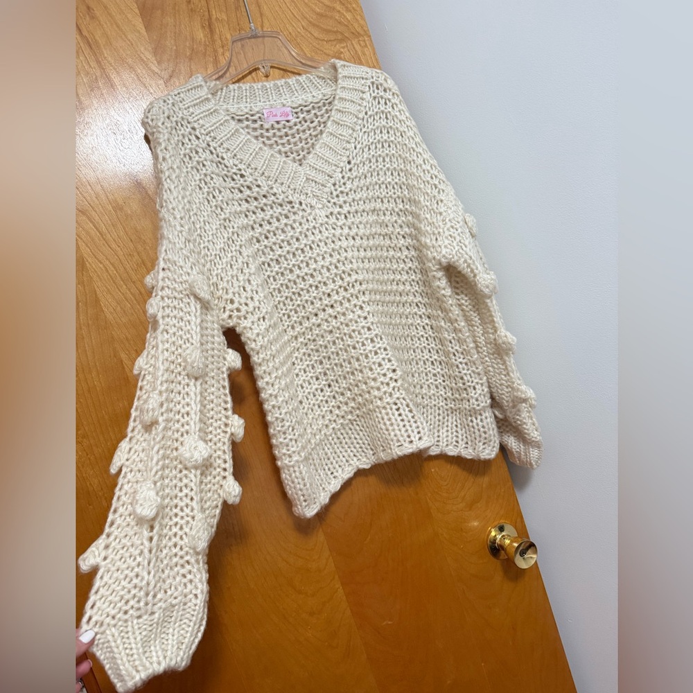 Pink lily pom sleeve sweater v neck sweatshirt